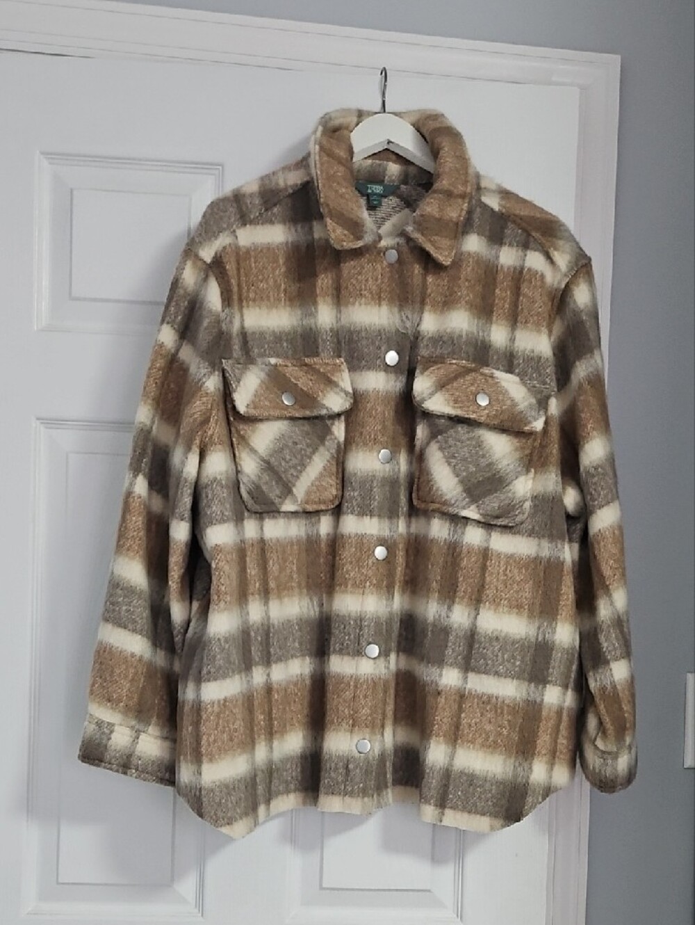 Women Plaid Shacket Jacket - Brown & Cream